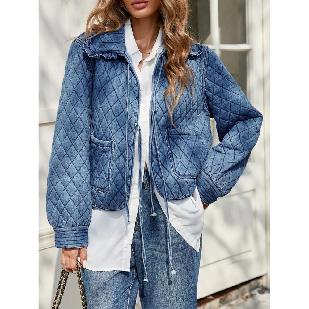 Womens Quilted Denim Puffer Jacket X-Large Tie Front Ruffle Collars - Picture 5 of 6